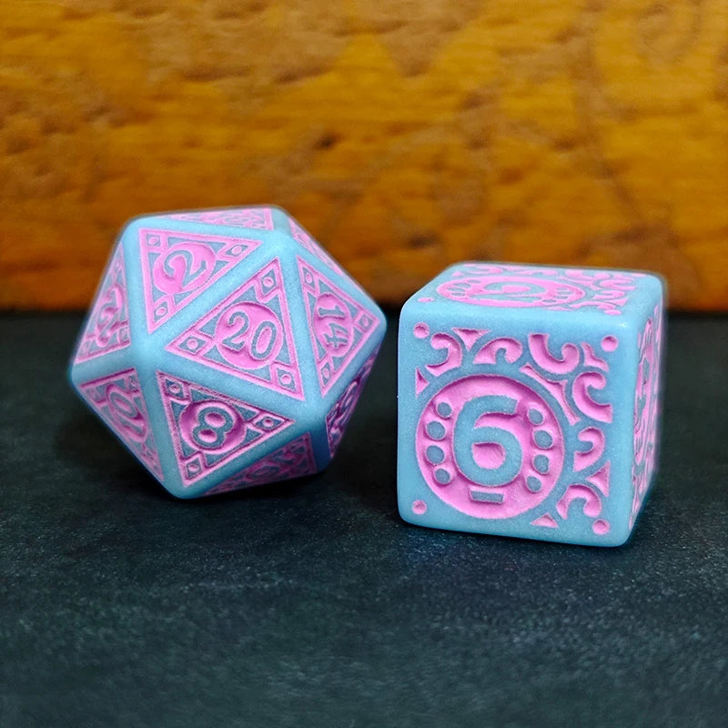 Ornate Pink &amp; Blue Scrollwork RPG Dice Set (7 Pcs)