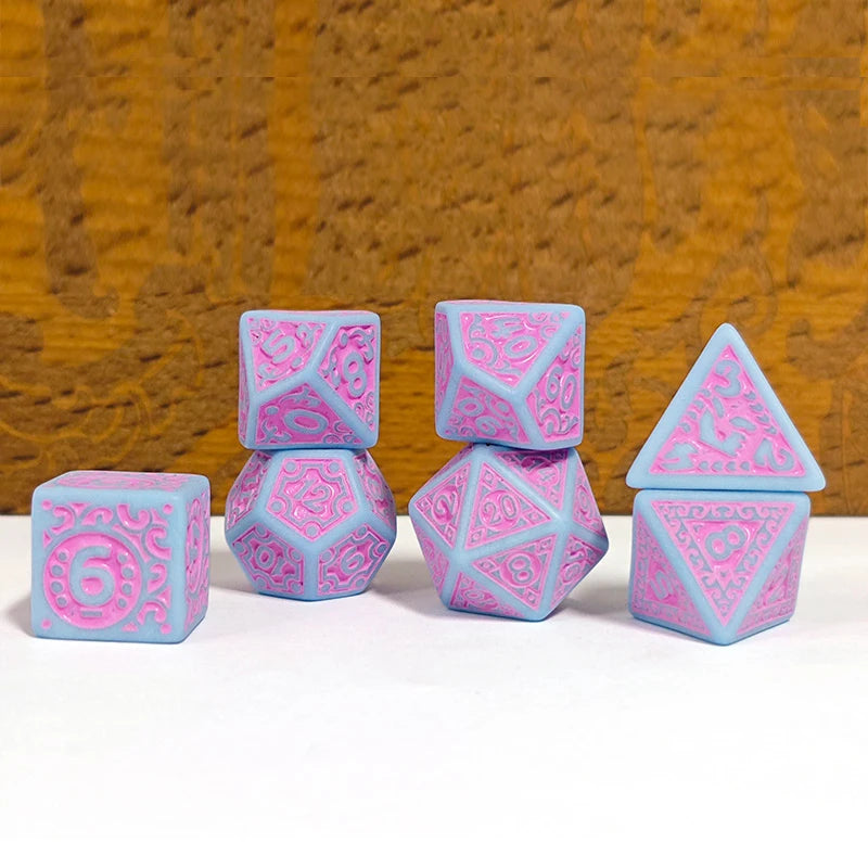 Ornate Pink &amp; Blue Scrollwork RPG Dice Set (7 Pcs)