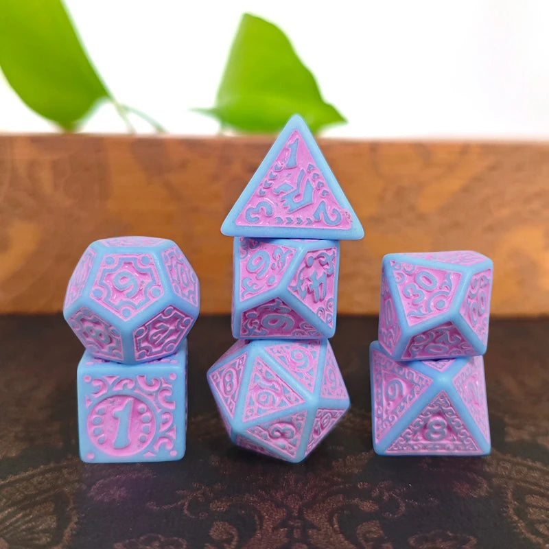 Ornate Pink &amp; Blue Scrollwork RPG Dice Set (7 Pcs)