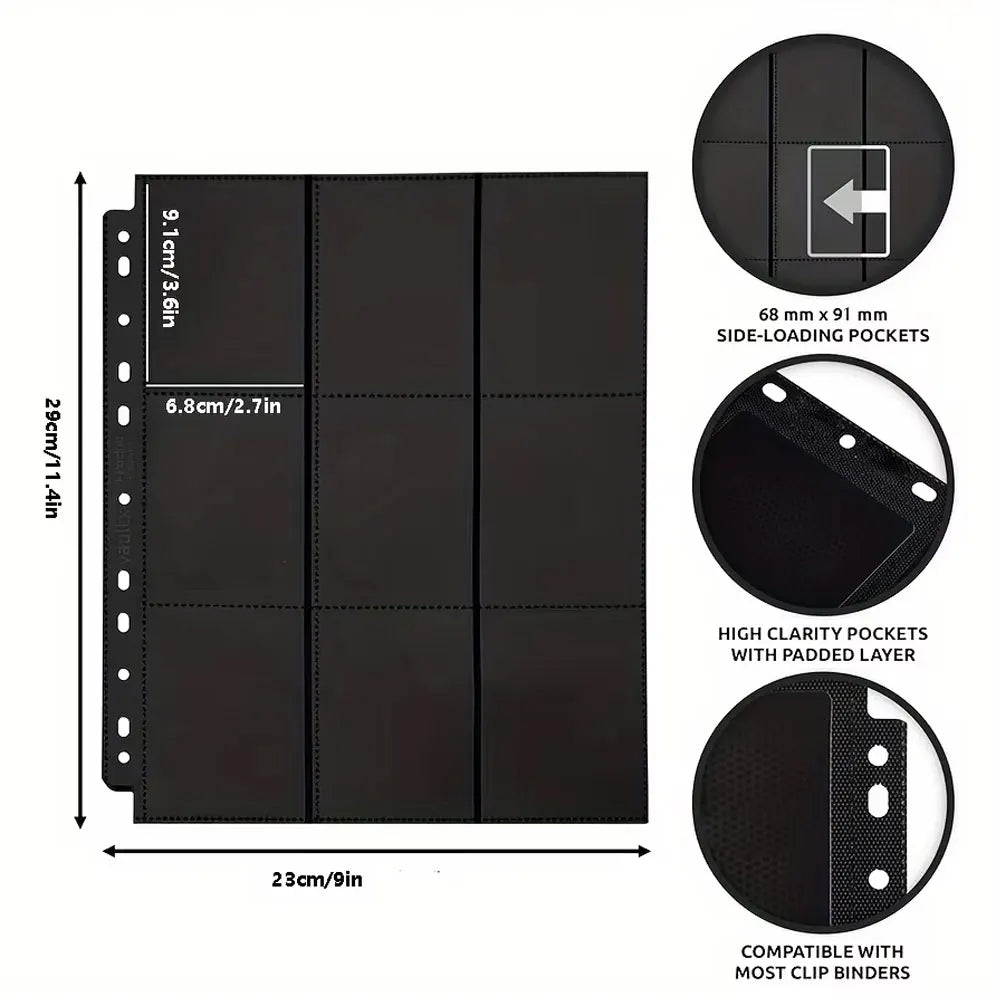 10Pack  Premium 9-Pocket Side-Loading Card Binder Pages (Black Backing) for 180 Game Cards