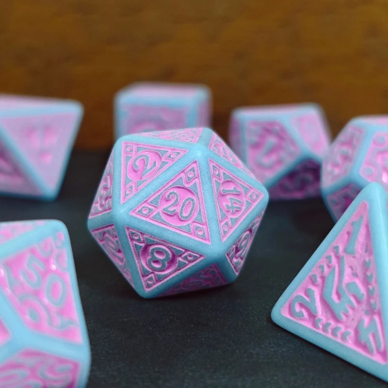 Ornate Pink &amp; Blue Scrollwork RPG Dice Set (7 Pcs)