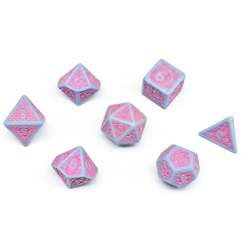 Ornate Pink &amp; Blue Scrollwork RPG Dice Set (7 Pcs)