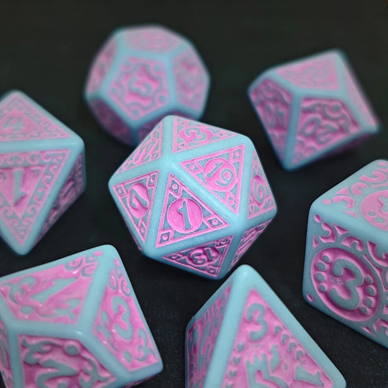 Ornate Pink &amp; Blue Scrollwork RPG Dice Set (7 Pcs)